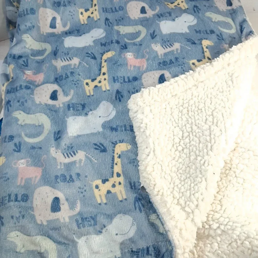 Jonah & Belle Baby Blanket Safari zoo Animals Elephant‎ Giraffe Roar blue sherpa